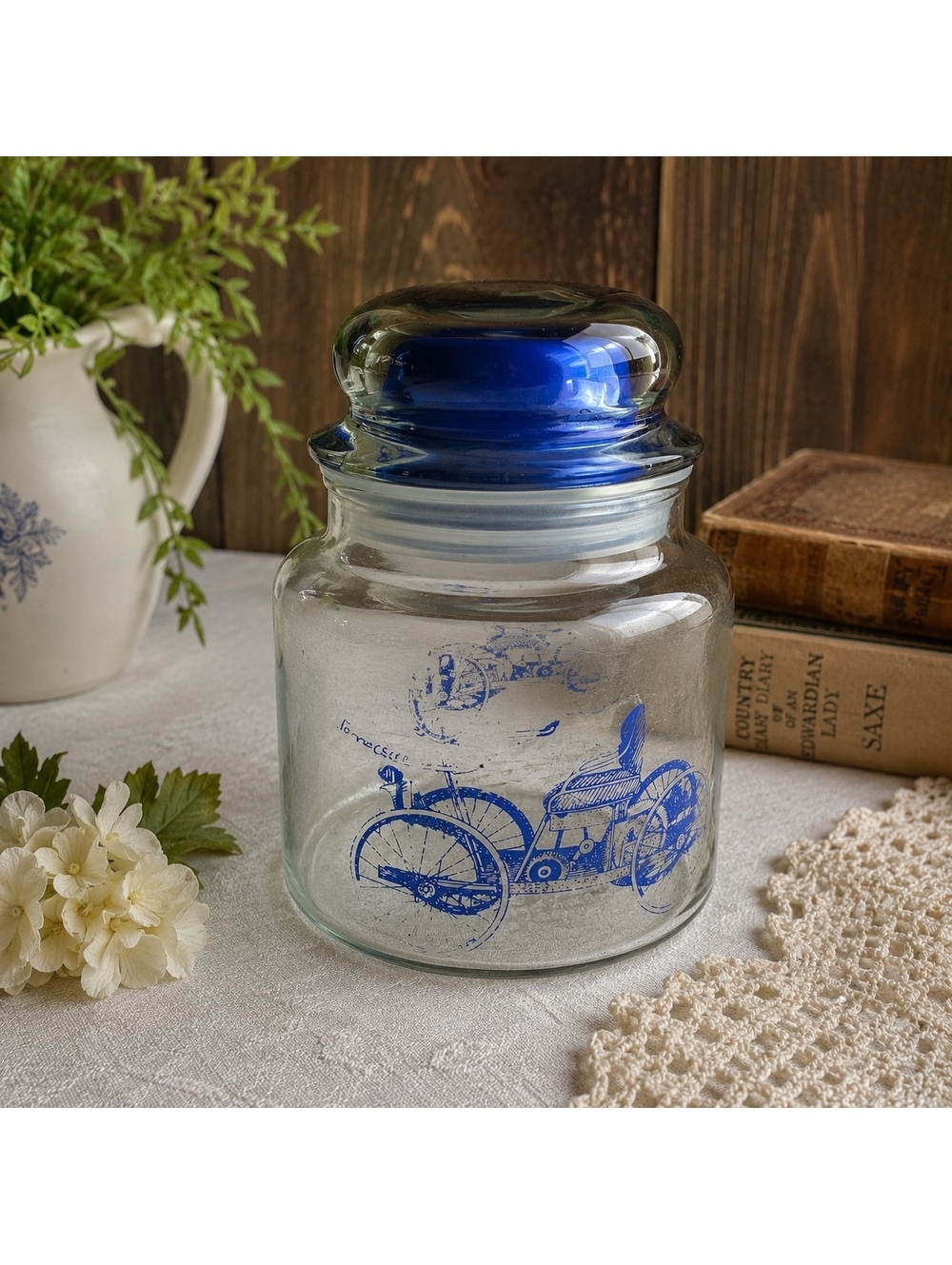 Vintage Ford’s 1st Automobile Glass Apothecary Jar Cobalt Blue Bubble Lid